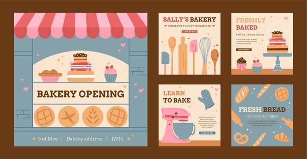 Publicación de instagram plana dibujada a mano de panadería
