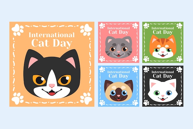 Vector gratuito publicación plana de instagram del día internacional del gato