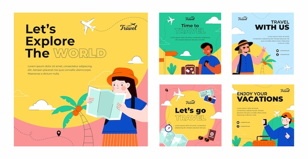 Publicaciones de instagram de agencia de viajes de diseño plano