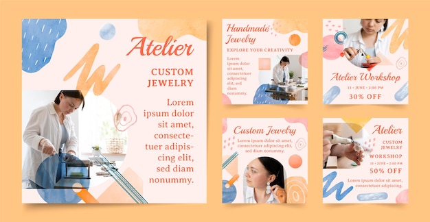 Vector gratuito publicaciones de instagram de atelier de joyería de acuarela