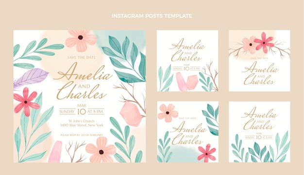 Vector gratuito publicaciones de instagram de boda boho acuarela