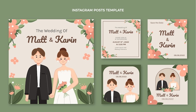 Vector gratuito publicaciones de instagram de boda floral dibujadas a mano