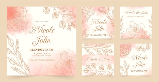 Vector gratuito publicaciones de instagram de boda floral de textura