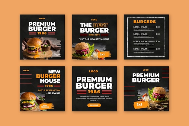 Vector gratuito publicaciones de instagram de burgers restaurant