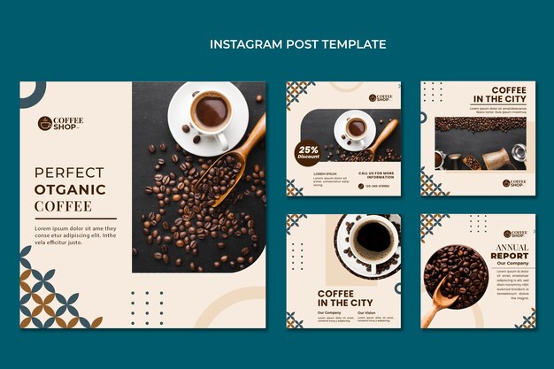 Publicaciones de instagram de cafetería minimalista de diseño plano