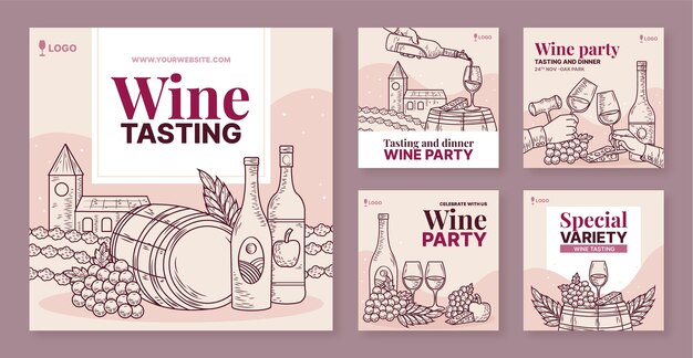 Publicaciones de instagram de cata de vinos dibujadas a mano