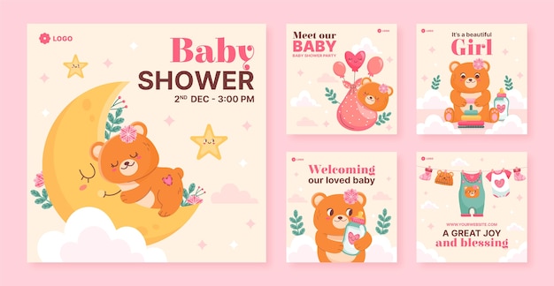 Vector gratuito publicaciones de instagram de celebración de baby shower dibujadas a mano