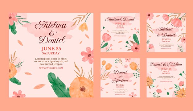 Publicaciones de instagram de celebración de bodas florales en acuarela
