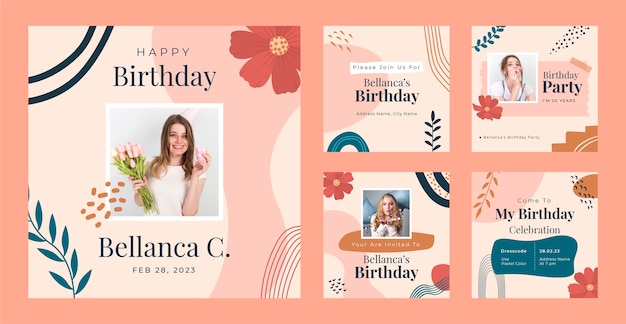 Vector gratuito publicaciones de instagram de celebración de cumpleaños dibujadas a mano