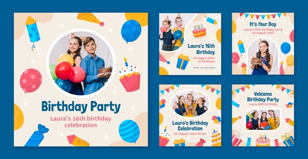 Publicaciones de instagram de celebración de cumpleaños de diseño plano