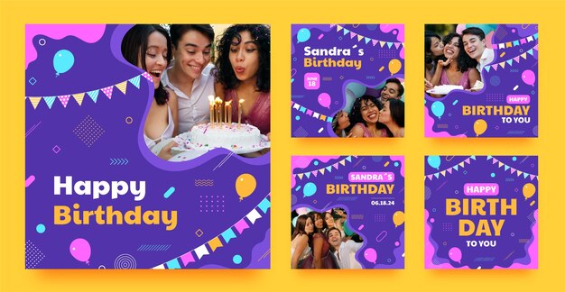 Publicaciones de instagram de celebración de cumpleaños de diseño plano