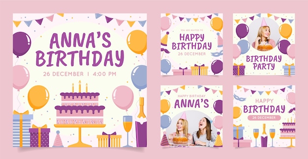 Publicaciones de instagram de celebración de cumpleaños de diseño plano