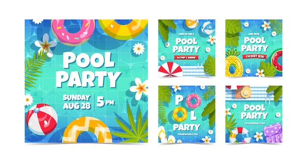 Publicaciones de instagram de celebración de fiesta en la piscina degradada