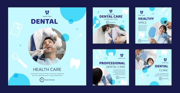 Vector gratuito publicaciones de instagram de clínica dental de diseño plano