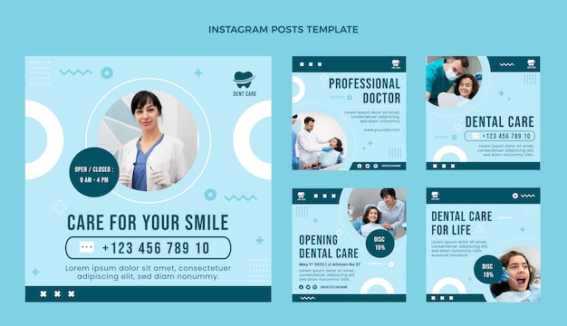 Vector gratuito publicaciones de instagram de clínica dental mínima de diseño plano