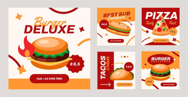 Vector gratuito publicaciones de instagram de comida rápida dibujadas a mano.