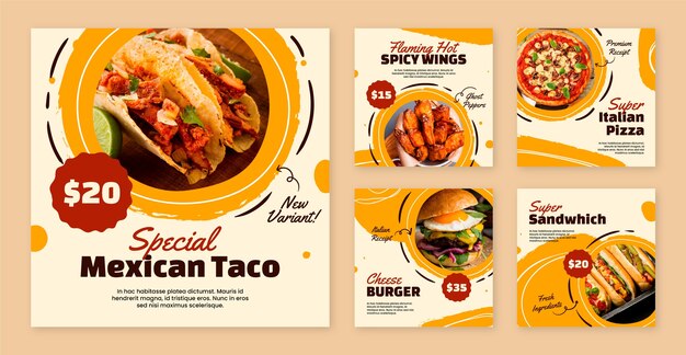 Publicaciones de instagram de comida rápida dibujadas a mano.