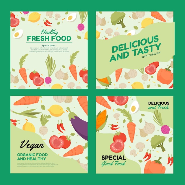 Publicaciones de instagram de comida vegetariana de diseño plano