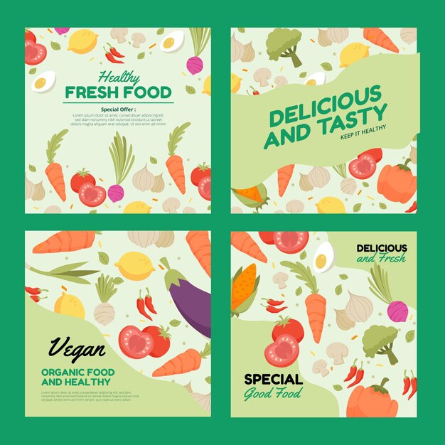 Publicaciones de instagram de comida vegetariana de diseño plano