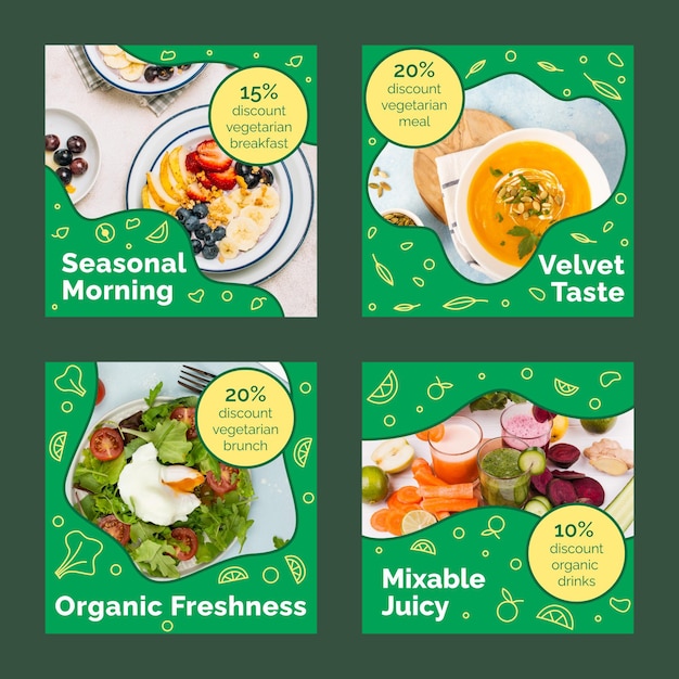 Publicaciones de instagram de comida vegetariana plana dibujadas a mano