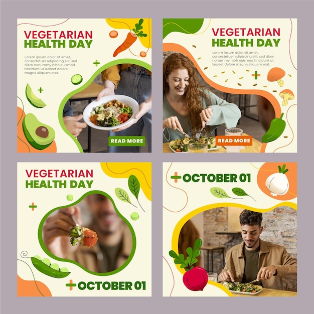 Vector gratuito publicaciones de instagram de comida vegetariana plana dibujadas a mano