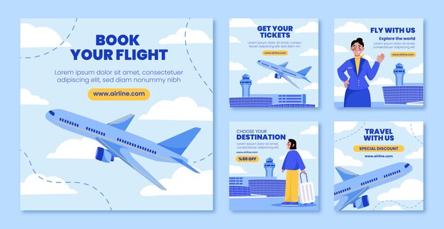 Publicaciones de instagram de la compañía aérea de diseño plano