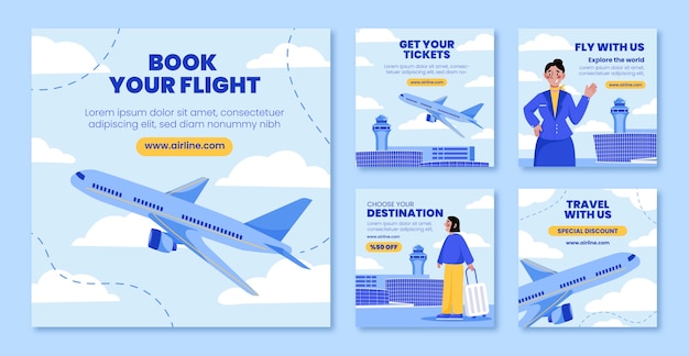 Publicaciones de instagram de la compañía aérea de diseño plano
