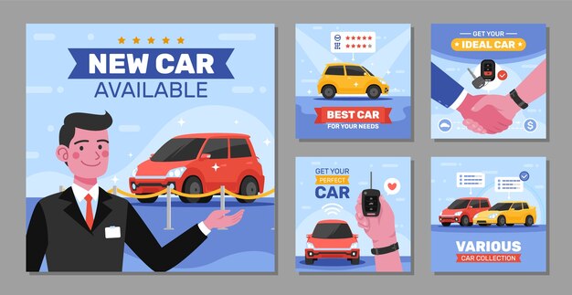 Publicaciones de instagram de concesionario de automóviles de diseño plano