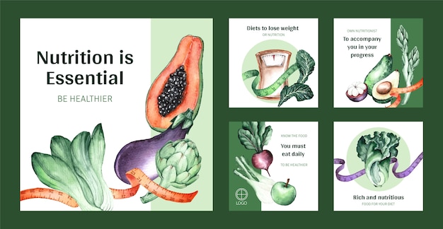 Vector gratuito publicaciones de instagram de consejos de nutricionista en acuarela