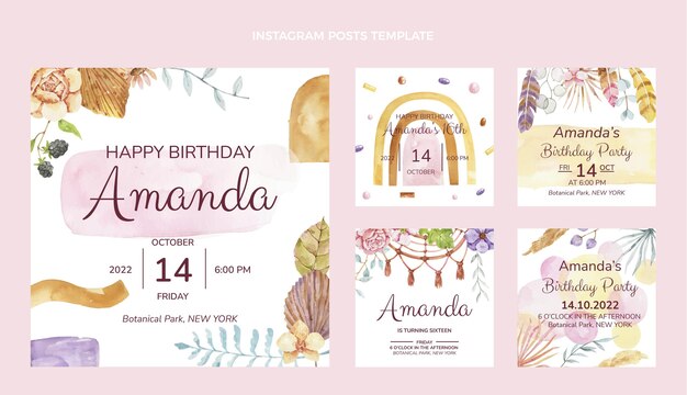 Publicaciones de instagram de cumpleaños boho acuarela