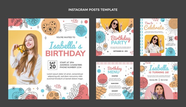 Publicaciones de instagram de cumpleaños boho dibujadas a mano