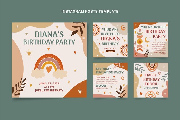 Publicaciones de instagram de cumpleaños boho dibujadas a mano
