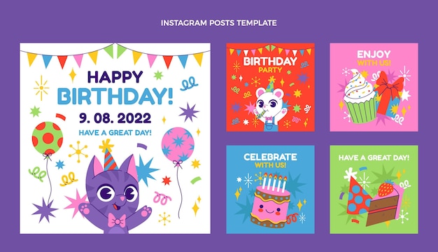 Vector gratuito publicaciones de instagram de cumpleaños dibujadas a mano