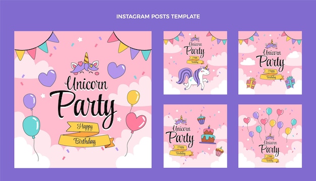 Vector gratuito publicaciones de instagram de cumpleaños infantiles dibujadas a mano