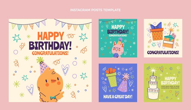 Publicaciones de instagram de cumpleaños infantiles dibujadas a mano
