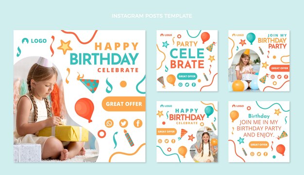 Publicaciones de instagram de cumpleaños de mosaico de diseño plano