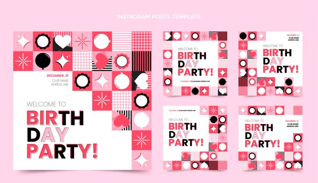 Publicaciones de instagram de cumpleaños de mosaico de diseño plano