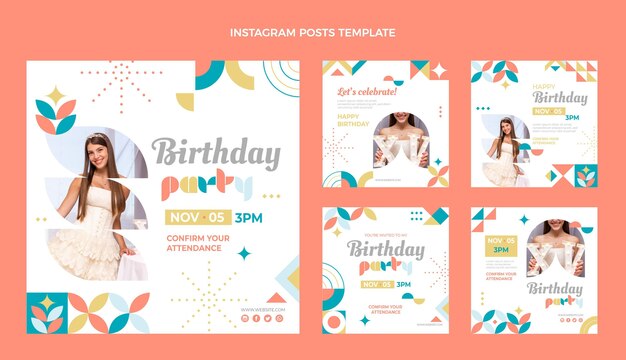 Publicaciones de instagram de cumpleaños de mosaico de estilo plano