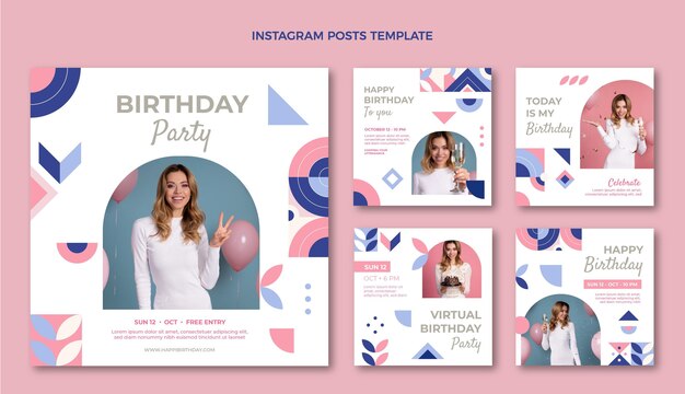 Publicaciones de instagram de cumpleaños de mosaico plano