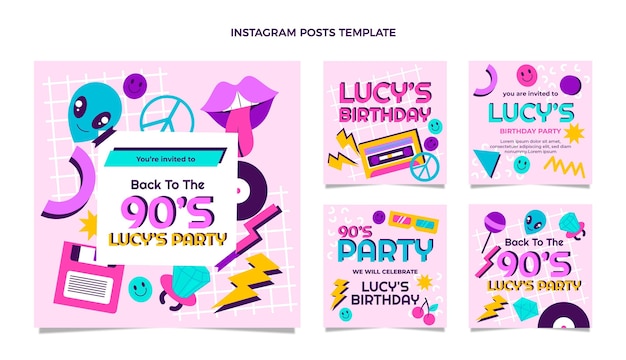 Publicaciones de instagram de cumpleaños nostálgico de diseño plano de los 90