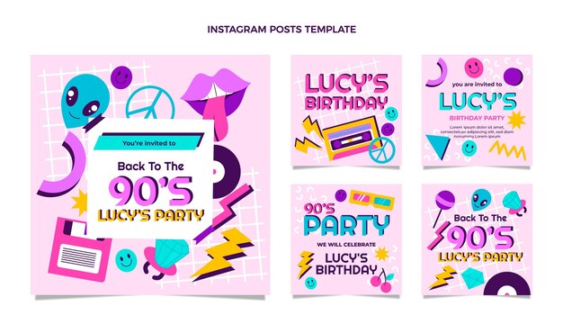 Publicaciones de instagram de cumpleaños nostálgico de diseño plano de los 90