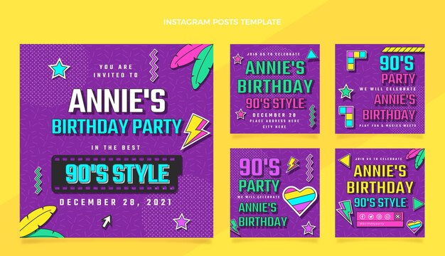 Publicaciones de instagram de cumpleaños nostálgico de diseño plano de los 90