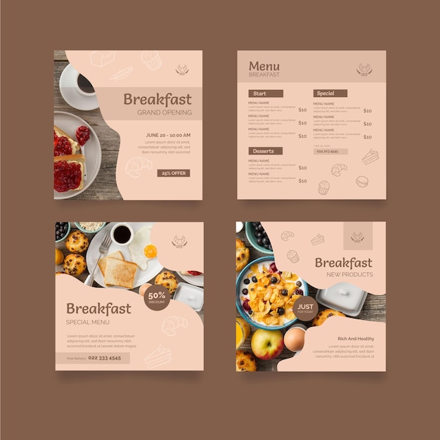 Vector gratuito publicaciones de instagram de desayuno restaurante