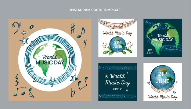 Publicaciones de instagram del día mundial de la música en acuarela
