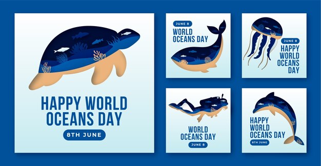 Vector gratuito publicaciones de instagram del día mundial de los océanos dibujadas a mano