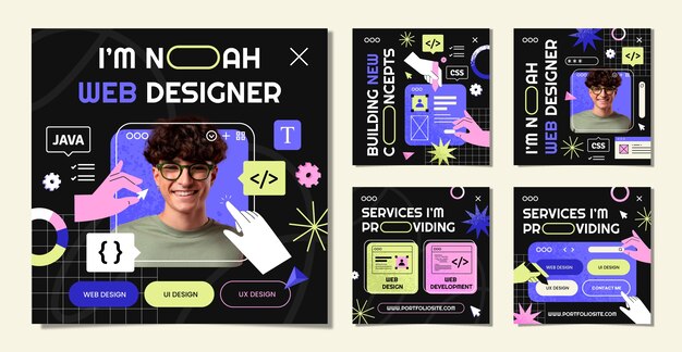 Publicaciones de instagram de diseñador web de diseño plano