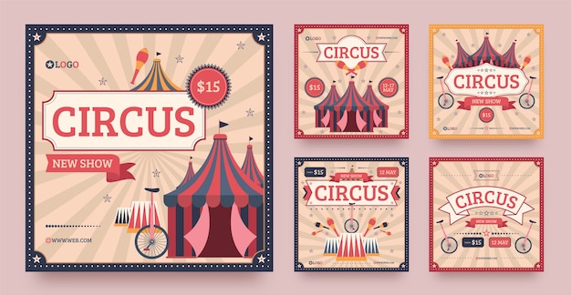 Publicaciones de instagram divertidas de circo vintage de diseño plano