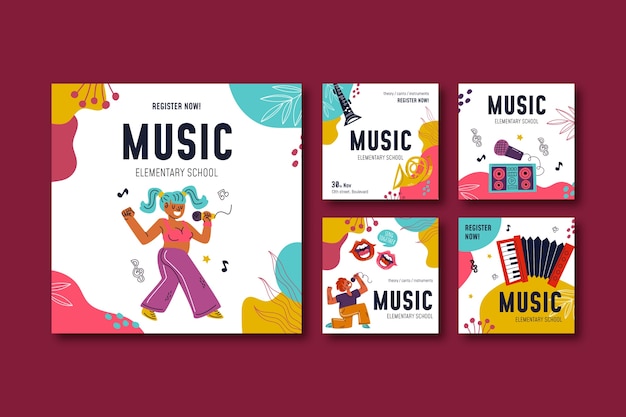 Publicaciones de instagram de la escuela de música dibujadas a mano