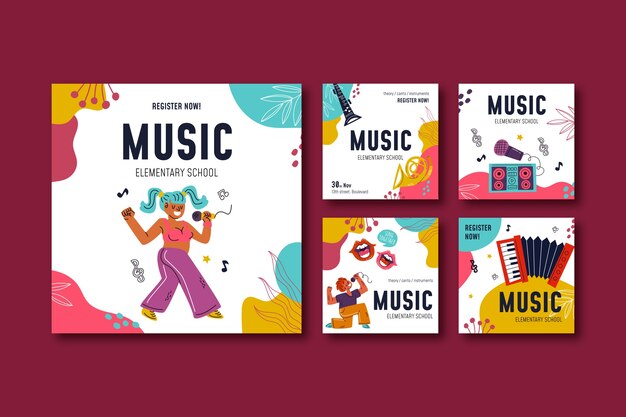 Publicaciones de instagram de la escuela de música dibujadas a mano
