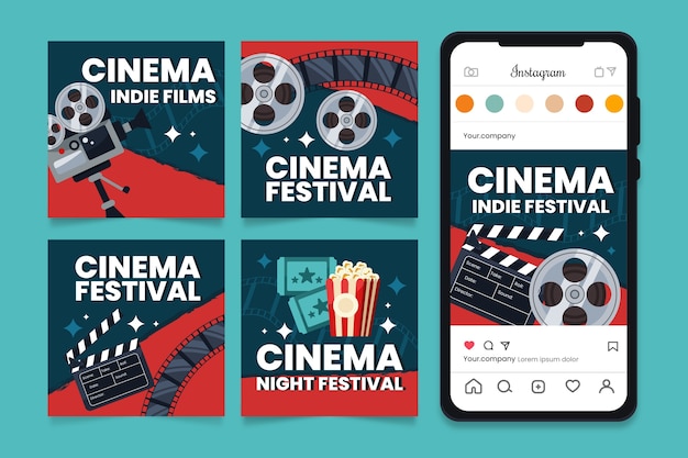 Vector gratuito publicaciones de instagram del festival de cine de diseño plano